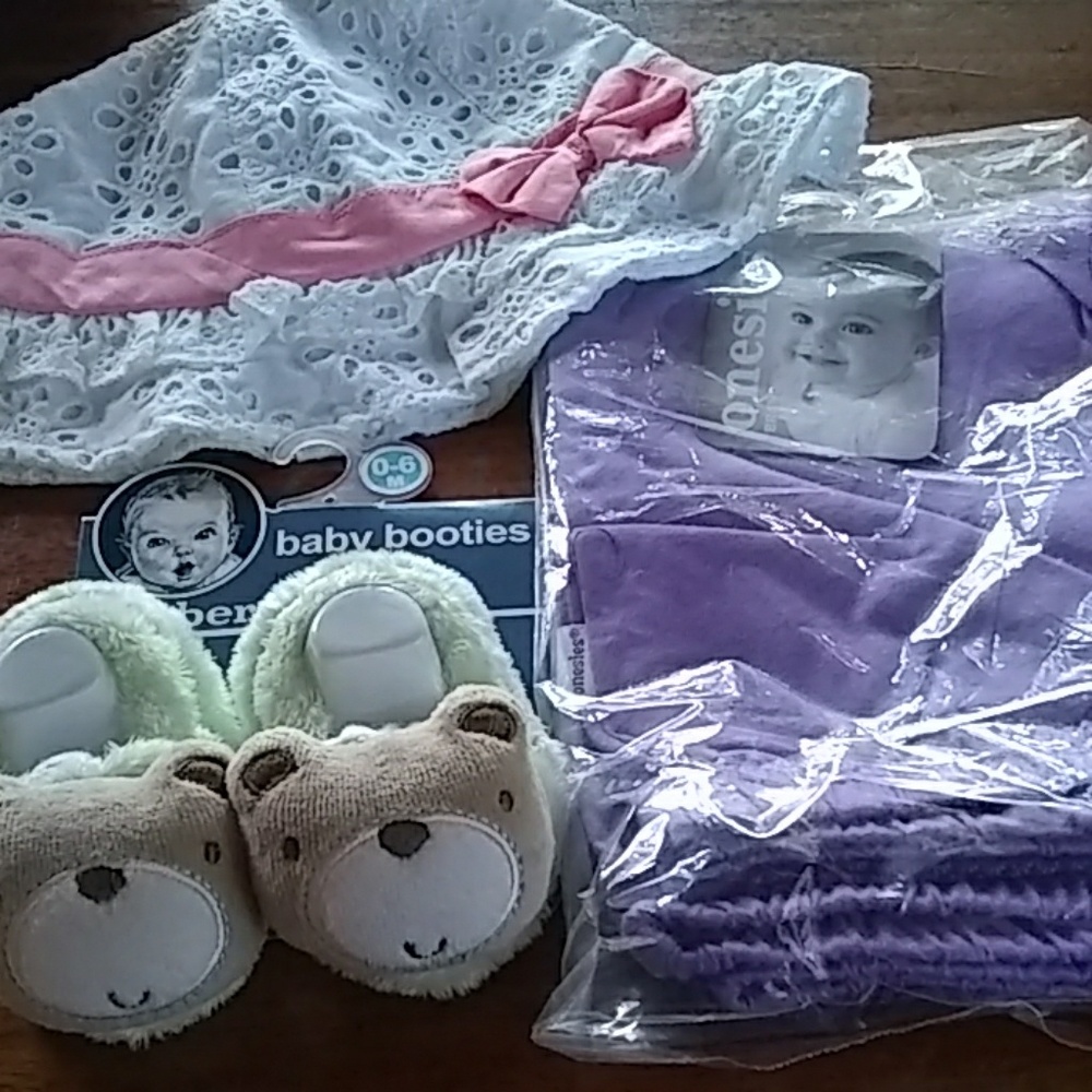 Bonnet, Pair of 12 month baby pants, baby booties